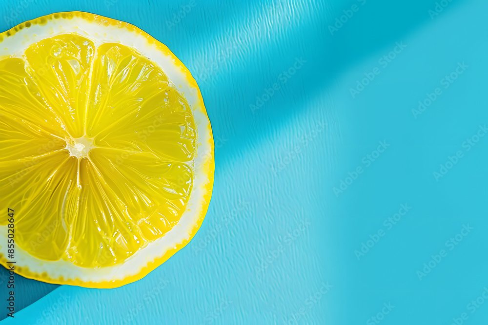 Aufkleber flat lay picture of macro fresh slice of lemon on cyan background