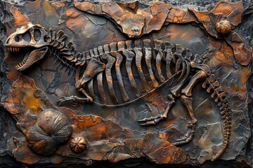 painting depicting prehistoric dinosaur bones, with a rugged texture and natural color palette. The bones are intricately detailed yet blend into the abstract, rocky surface