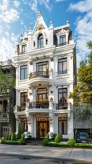 Naklejka premium a classic luxury mansion exterior, showcasing its white stone facade and meticulously designed large garden from the front view.