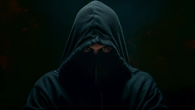 A man wearing a black hoodie with his face obscured, staring intently at the camera. The background is dark and blurry.