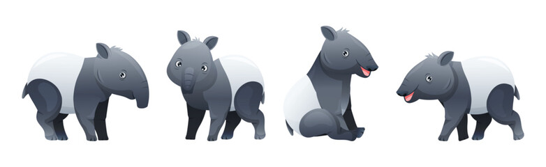 Cute Malayan Tapir as Asian Animal with White Patch and Short Nose Trunk in Different Pose Vector Set