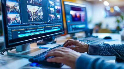 Close-up of hands working on a video editing project using dual monitors in a modern creative office with advanced editing software.