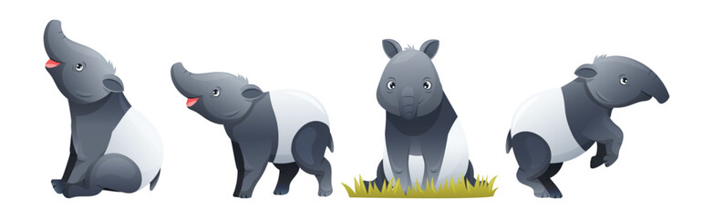 Cute Malayan Tapir as Asian Animal with White Patch and Short Nose Trunk in Different Pose Vector Set