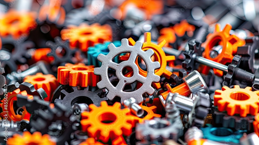 Poster close-up of colorful mechanical gears and cogs intricately arranged, showcasing industrial engineeri