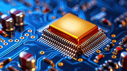Close-up of a microchip on a blue motherboard. Perfect for illustrating technology, electronics, and circuit boards.