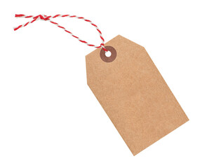 Craft paper tag with red and white jute cord isolated on transparent background