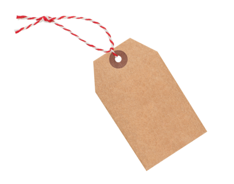 Craft paper tag with red and white jute cord isolated on transparent background