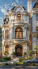 a classic luxury mansion exterior, showcasing its white stone facade and meticulously designed large garden from the front view.