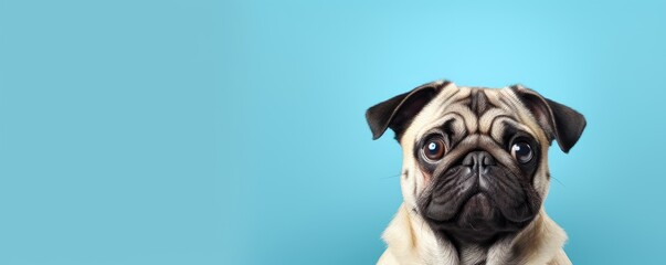 A pug dog is staring at the camera with its eyes closed. The blue background adds a sense of calmness and serenity to the image