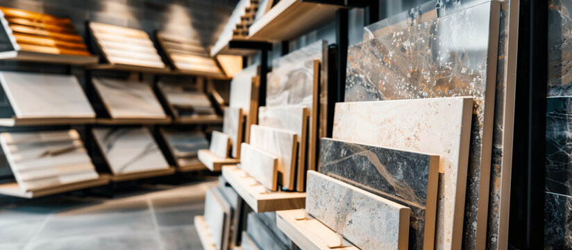 displays of granite and ceramic tile samples at the modern store