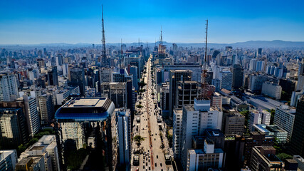 Aerial photography done by drone above the buildings of Avenida Paulista in São Paulo	
