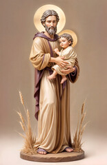 Statue of Saint Joseph holding a baby in his hands. Generative ai.