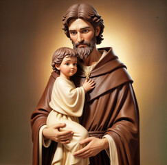 Statue of Saint Joseph holding a baby in his hands. Generative ai.