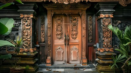 ancient dark old traditional wooden door with sculpted oriental ornament, showing history and heritage. on a tropical place
