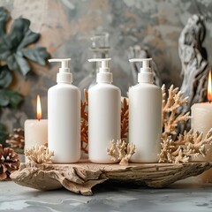 Bath products on driftwood with candles and coral.