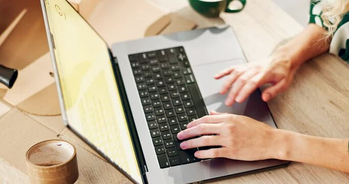 Ecommerce, office or girl hands on laptop for logistic, delivery or customer experience survey, feedback or review with coffee. Top view, keyboard or procurement manager with pc dropshipping research
