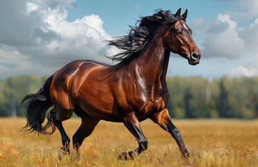 Brown Horse Running Through Field of Grass on Sunny Day