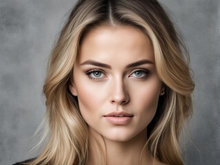 Obraz premium Classic Beauty: Woman shines on a simple grey backdrop, timeless elegance. generative AI