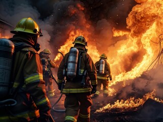 Group of firefighters fighting a fire. Firefighters in Action: Teamwork and bravery conquer a raging inferno. generative AI
