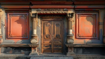 ancient dark old asian wooden door with pillar, sculpted oriental ornament, showing history and heritage
