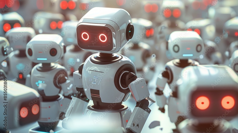 Poster the advanced robots featuring blue eyes are a representation of innovation and technology in the fie