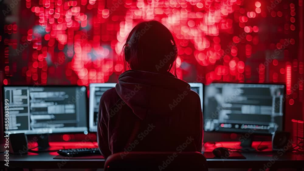 Poster an image of a person sitting in front of two computer monitors with red lights in the background.
