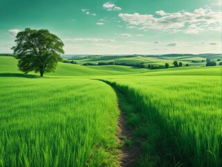  Vibrant green field unfolds under a dramatic, contrasting sky. generative AI