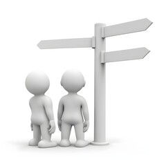 Two small white figures standing in front of a white directional sign post