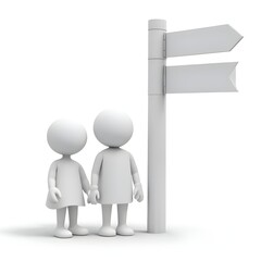Two small white figures standing in front of a white directional sign post