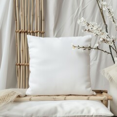 White square pillow on a bamboo chair with white fabric draped over the back and a branch with white flowers on the right.