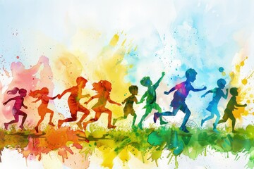 A group of children are running in a field with a rainbow background. The children are of different ages and colors, and they are all running in different directions. Concept of joy and playfulness