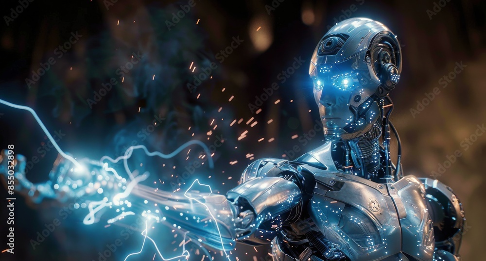 Poster futuristic android robot with glowing lights in dark background