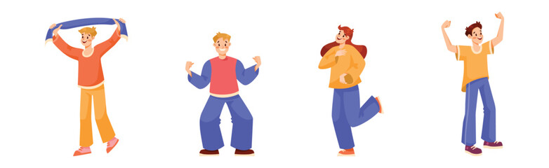 Man and Woman Sport Fan Character Supporting Team Cheering at Stadium Vector Set