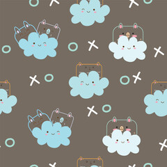 rainbow and cloud seamless pattern design with cute animal