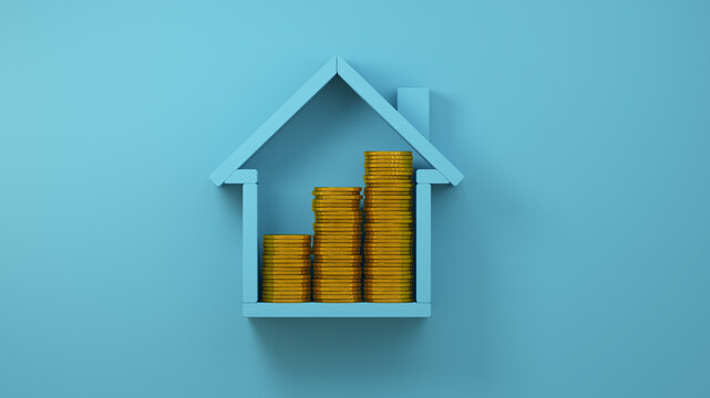 Stacked gold coins inside house icon isolated on blue background with copy space. House price, mortgage cost, inflation, or investment concept. 3D illustration render.
