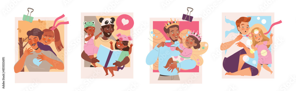 Poster father and child playing and having fun together enjoying activity vector set