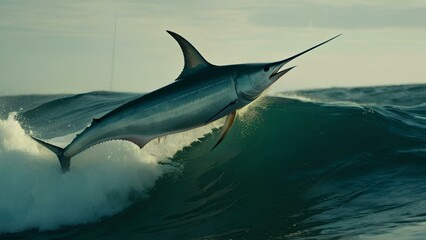 Fototapeta premium A swordfish is leaping out of the water. The swordfish is in the middle of a wave, and it is clear that it is a very powerful and strong animal
