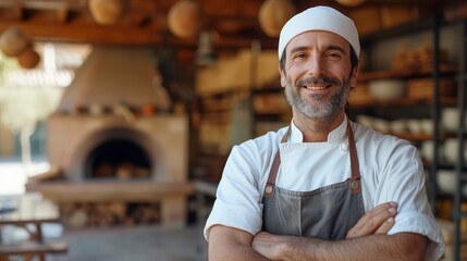 positive emotion italian chef in his kitchen passionately pose and, showcasing heart and soul of...