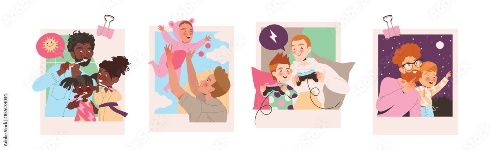 Poster father and child playing and having fun together enjoying activity vector set