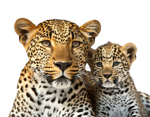 Fototapeta premium Leopard mit tierbaby isoliert auf weißen Hintergrund, Freisteller