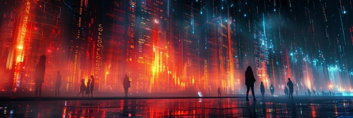 A stock market wall displaying digital numbers and figures with business people walking in the background, representing global financial trading and currency exchange at night. High-resolution