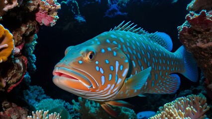 Fototapeta premium A grouper fish nestled in a coral cave with blue and white spots is swimming in the ocean. The fish has a blue and white pattern on its body