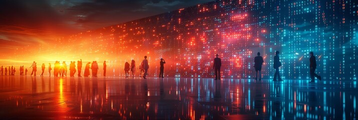 Fototapeta premium A stock market wall displaying digital numbers and figures with business people walking in the background, representing global financial trading and currency exchange at night. High-resolution