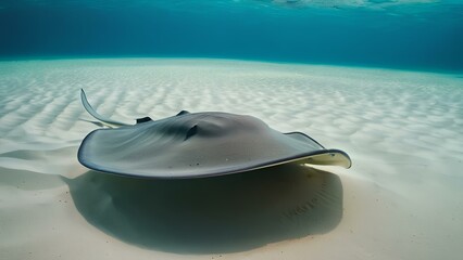 Showcase the elegance of a stingray gliding over sand underwater sea