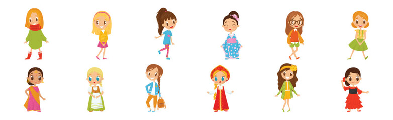 Cute Girl Kid Dressed in Elegant Clothes Standing and Smiling Vector Set