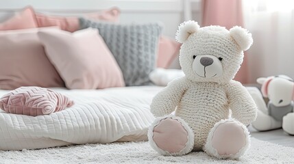 Fototapeta premium a children's bedroom with a white stuffed bear toy nestled among grey and pink pillows on a bed against a light beige wall.