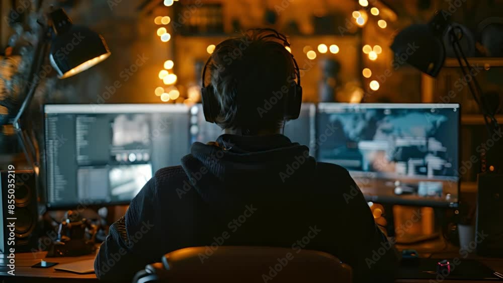 Poster a person sits at a desk in front of a computer with a lit desk lamp. they are wearing headphones and
