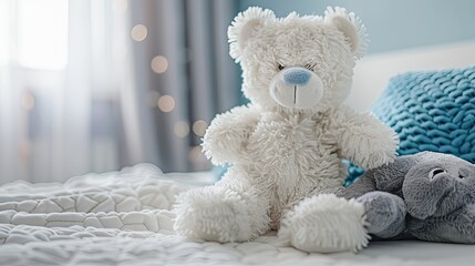 a children's bedroom with a white teddy bear surrounded by blue and grey pillows on a bed, under soft pastel-colored lighting.