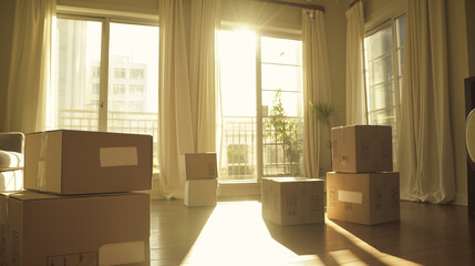 Neatly labeled moving boxes in an empty living room ready for relocation with open curtains and daylight pouring in.