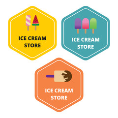 Tres coloridos logotipos de helados con tipografía.  Diseños divertidos para la identidad de marca de helados. Fondo blanco. Copy space